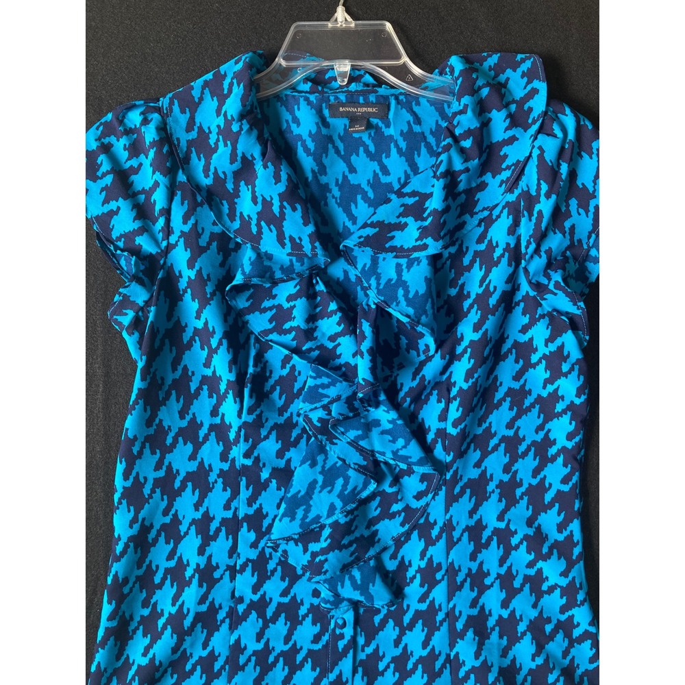 Banana Republic Womens Blue Houndstooth Ruffle Front Cap Sleeve Blouse Size M